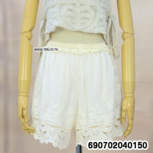 White and beige cotton shorts with floral embroidery, lace-trim hems, and a 26–40 inch waist for soft summer outfits