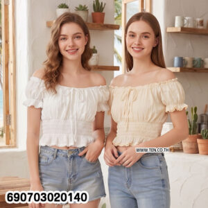 Summer Smocked Off Shoulder Crop Top เสื้อครอปเปิดไหล่สม็อคเอว แขนตุ๊กตา สไตล์ซัมเมอร์ - 690703020140