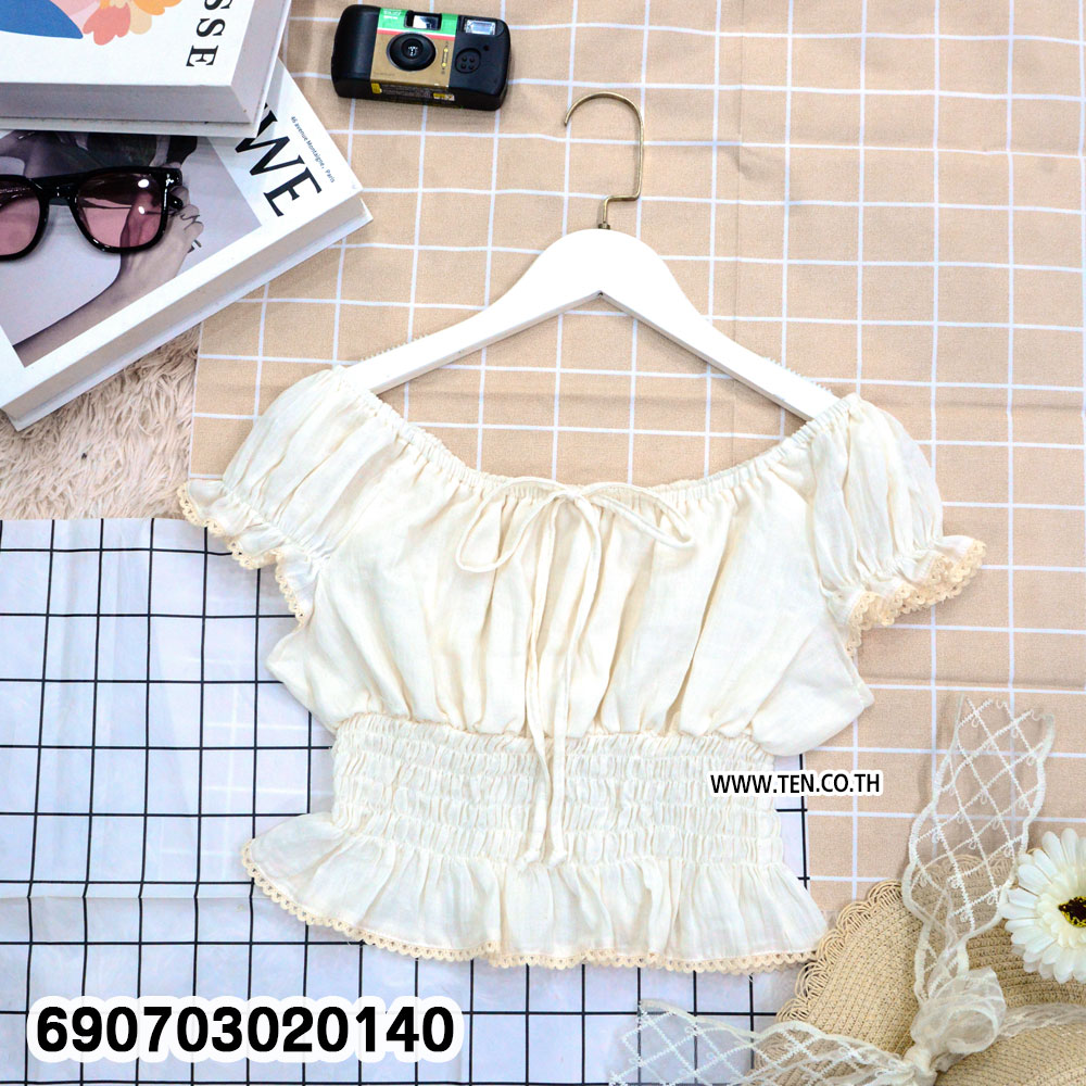 Summer Smocked Off Shoulder Crop Top เสื้อครอปเปิดไหล่สม็อคเอว แขนตุ๊กตา สไตล์ซัมเมอร์ - 690703020140 - Image 4