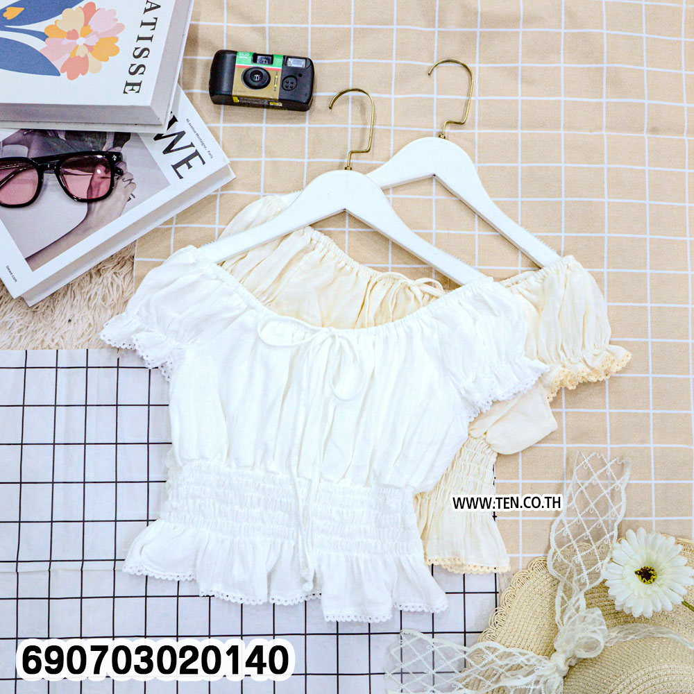 Summer Smocked Off Shoulder Crop Top เสื้อครอปเปิดไหล่สม็อคเอว แขนตุ๊กตา สไตล์ซัมเมอร์ - 690703020140 - Image 3