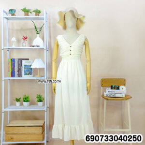 Boho Button-Front Beach Maxi Dress เดรสยาวไปทะเล แต่งกระดุมหน้า สไตล์โบโฮ in white ,beige showing its main shape and detail