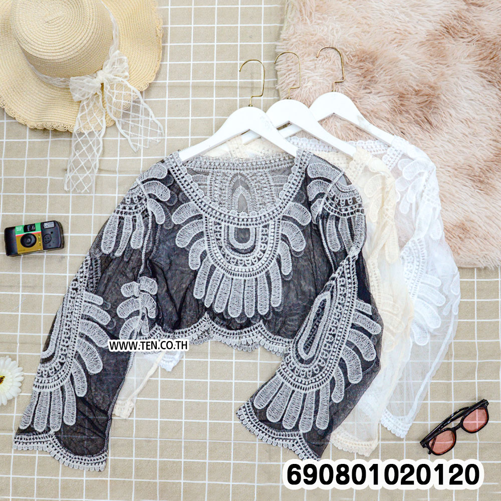 Sheer Lace Beach Cover-Up เสื้อคลุมลูกไม้ซีทรู ปักลายฉลุ - 690801020120 - Image 3