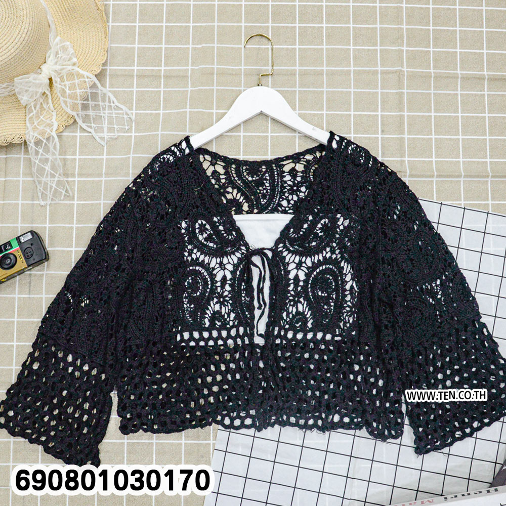 Boho Crochet Knit Beach Cover-Up เสื้อคลุมตัวสั้นถักลายฉลุ สไตล์โบฮีเมียน - 690801030170 - Image 6