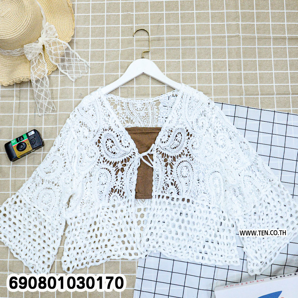 Boho Crochet Knit Beach Cover-Up เสื้อคลุมตัวสั้นถักลายฉลุ สไตล์โบฮีเมียน - 690801030170 - Image 5