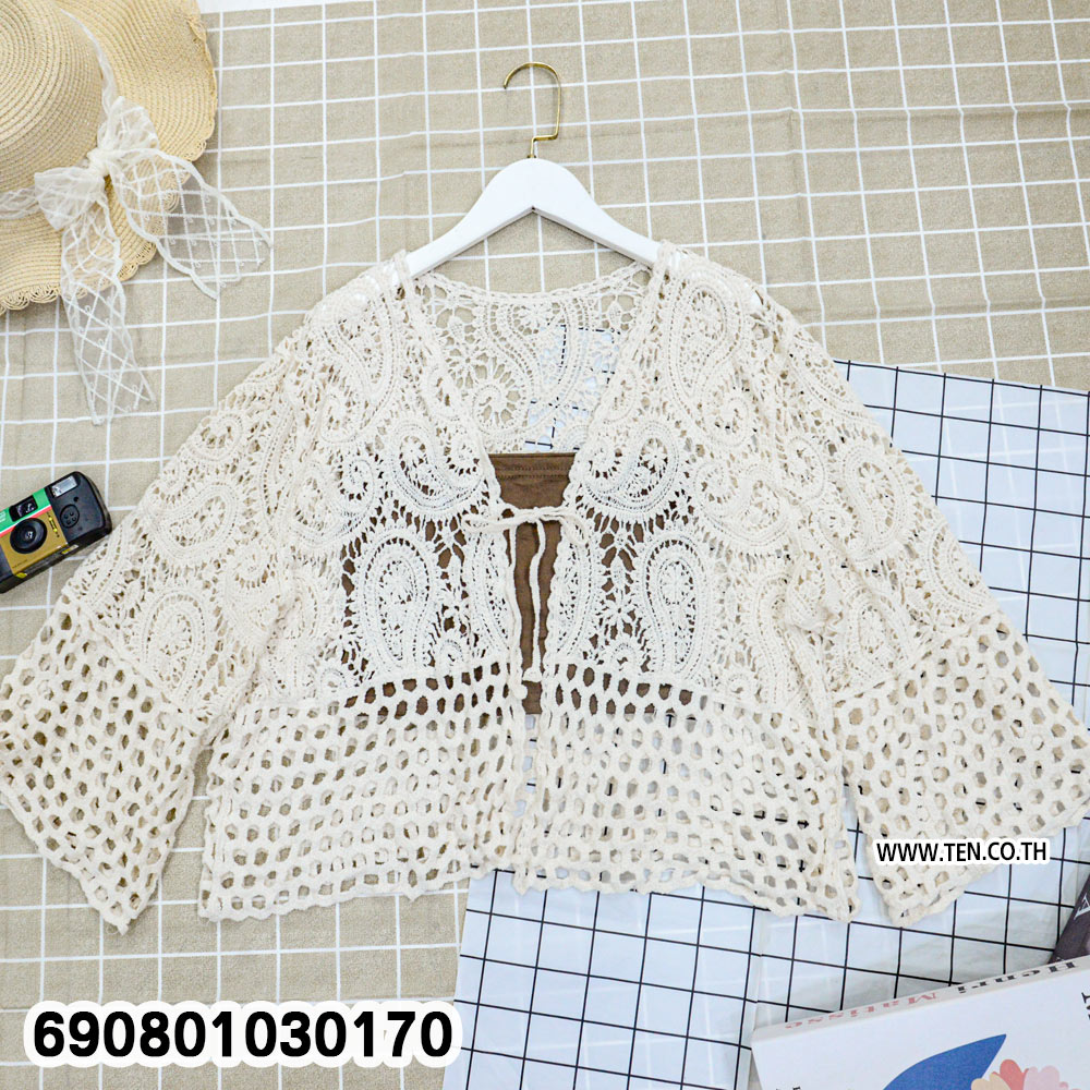 Boho Crochet Knit Beach Cover-Up เสื้อคลุมตัวสั้นถักลายฉลุ สไตล์โบฮีเมียน - 690801030170 - Image 4