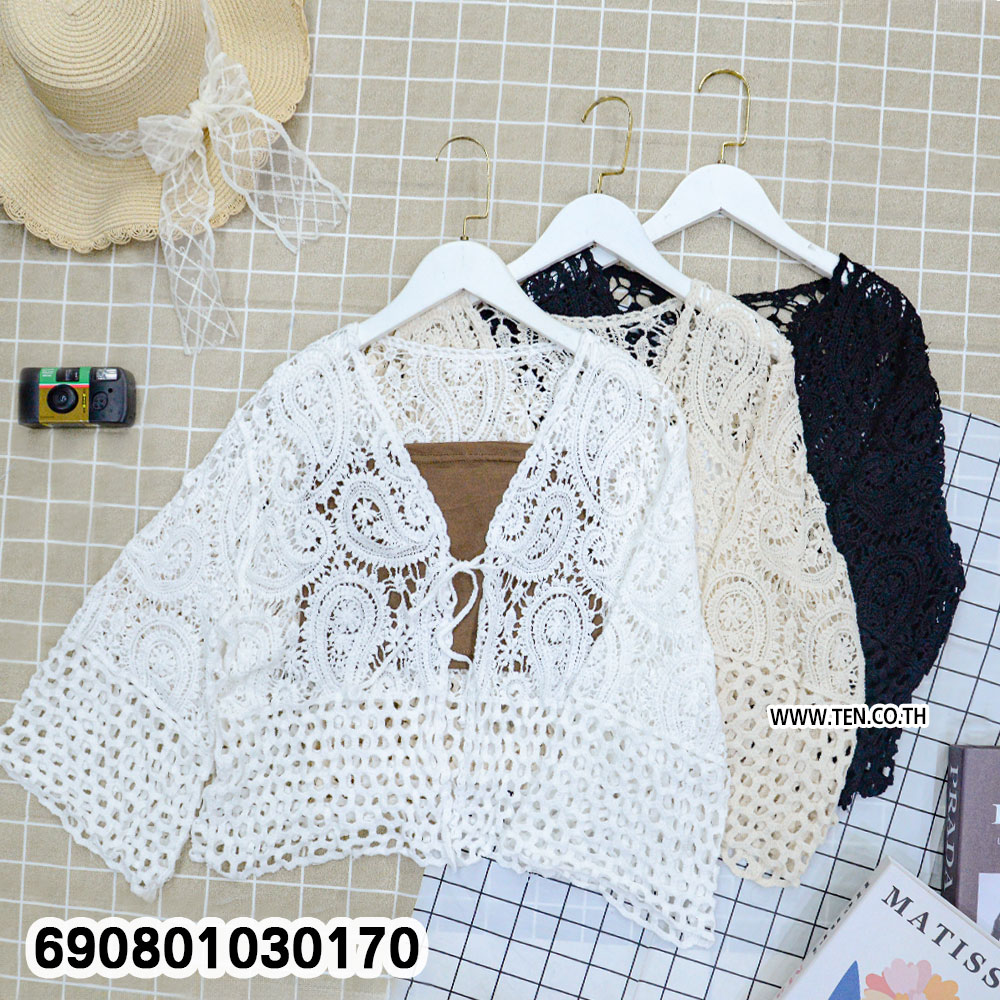 Boho Crochet Knit Beach Cover-Up เสื้อคลุมตัวสั้นถักลายฉลุ สไตล์โบฮีเมียน - 690801030170 - Image 3