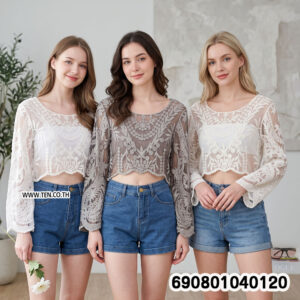 Summer Sheer Lace Mesh Long Sleeve Top เสื้อลูกไม้ซีทรูแขนยาว ลายฉลุโปร่ง ลุคซัมเมอร์ - 690801040120