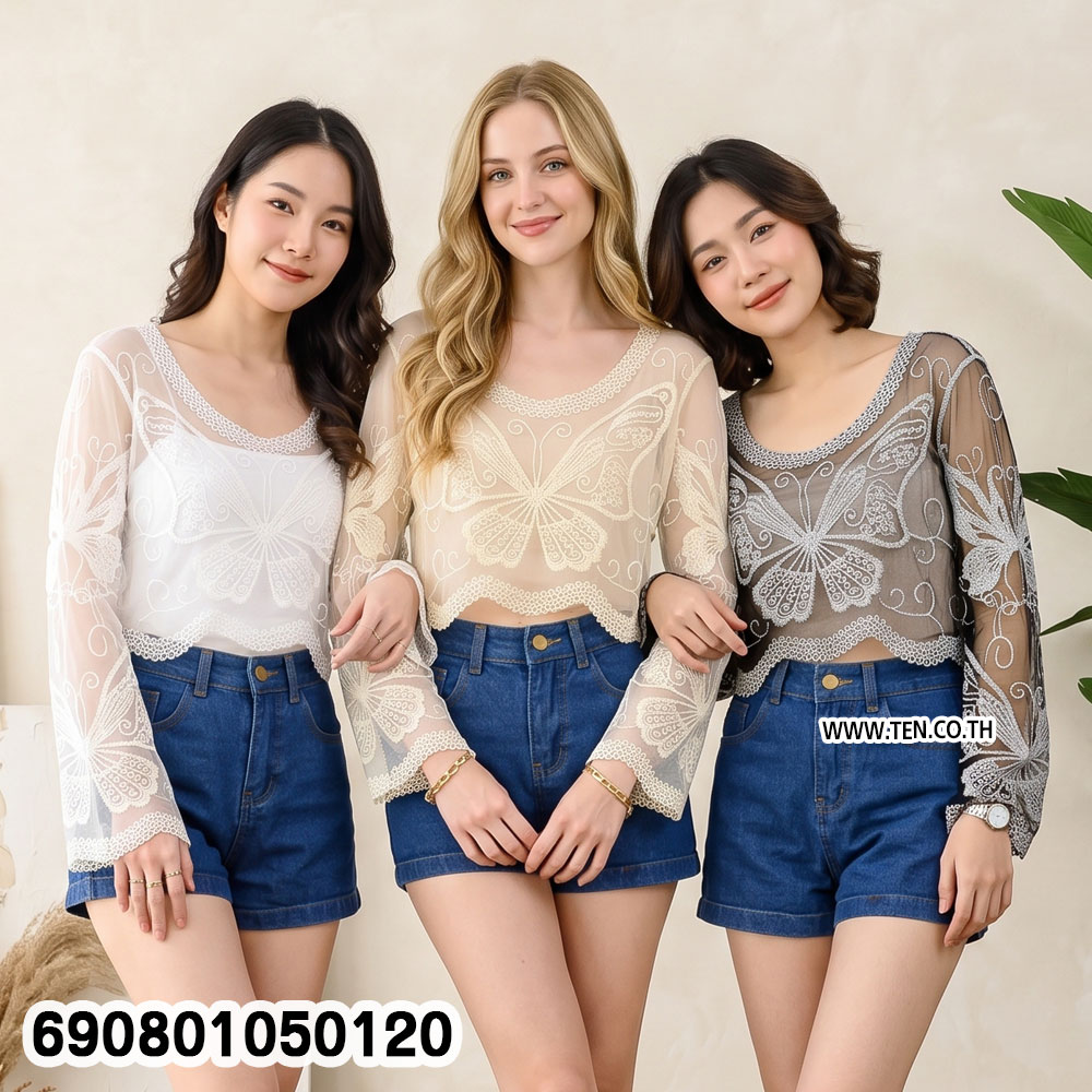 Butterfly Sheer Lace Beach Top เสื้อลูกไม้ซีทรูแขนยาว ปักลายผีเสื้อ - 690801050120