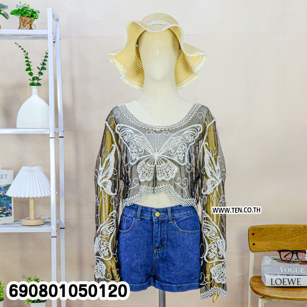 Butterfly Sheer Lace Beach Top เสื้อลูกไม้ซีทรูแขนยาว ปักลายผีเสื้อ - 690801050120 - Image 4