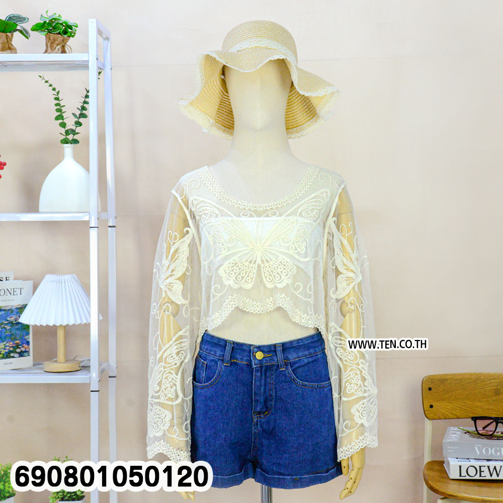 Butterfly Sheer Lace Beach Top เสื้อลูกไม้ซีทรูแขนยาว ปักลายผีเสื้อ - 690801050120 - Image 5