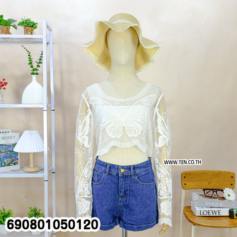 Butterfly Sheer Lace Beach Top เสื้อลูกไม้ซีทรูแขนยาว ปักลายผีเสื้อ - 690801050120 - Image 6