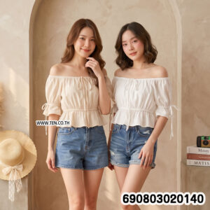 Off-Shoulder Ruffle Trim Beach Crop Top เสื้อปาดไหล่เอวลอย แขนระบายแต่งผูกเชือก - 690803020140