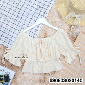 Alternative view of Off-Shoulder Ruffle Trim Beach Crop Top เสื้อปาดไหล่เอวลอย แขนระบายแต่งผูกเชือก - 690803020140