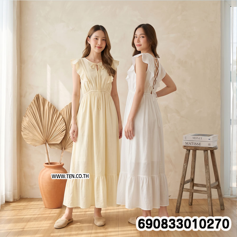 Boho Beach Maxi Dress with Lace-Up Back เดรสแขนระบายไปทะเล โชว์หลังสานไขว้ สไตล์โบโฮ - 690833010270