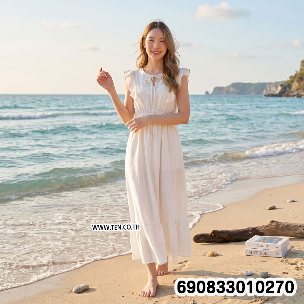 Boho Beach Maxi Dress with Lace-Up Back เดรสแขนระบายไปทะเล โชว์หลังสานไขว้ สไตล์โบโฮ - 690833010270 - Image 2