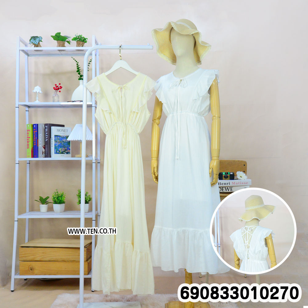 Boho Beach Maxi Dress with Lace-Up Back เดรสแขนระบายไปทะเล โชว์หลังสานไขว้ สไตล์โบโฮ - 690833010270 - Image 3