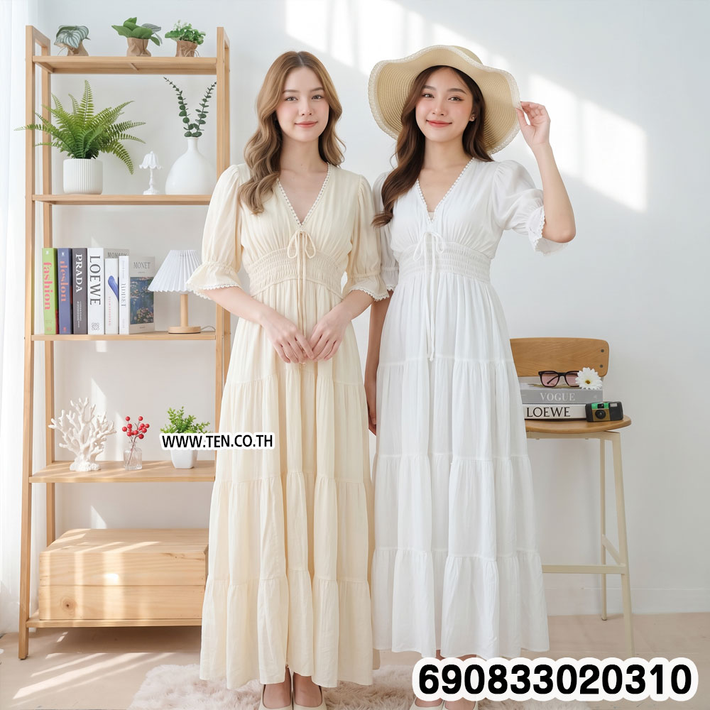 Boho Puff Sleeve Summer Maxi Dress ชุดเดรสยาวแขนตุ๊กตา สไตล์โบฮีเมียน - 690833020310