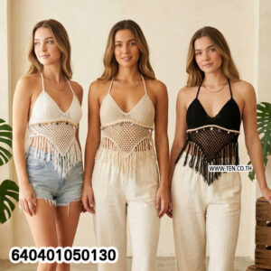 Summer Crochet Fringe Halter Crop Top เสื้อถักคล้องคอชายสามเหลี่ยม ลุคซัมเมอร์ - 640401050130