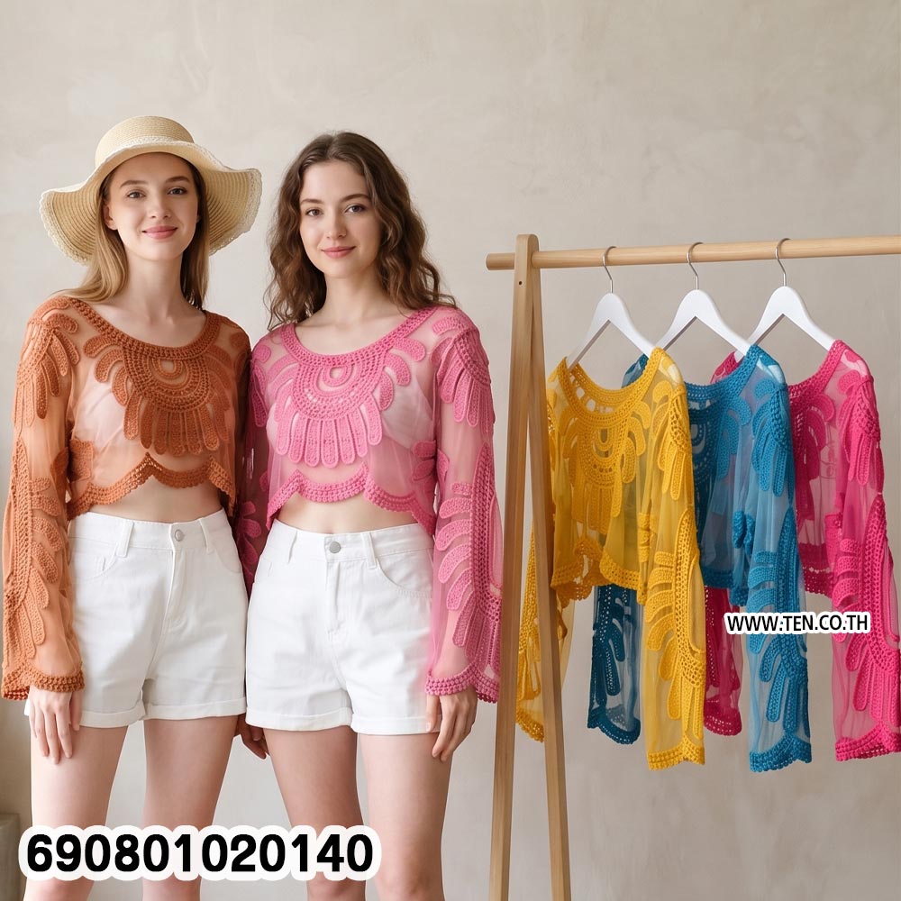 Embroidered Mesh Lace Crop Top เสื้อครอปแขนยาวผ้าตาข่าย แต่งลูกไม้ปัก สไตล์โบโฮ - 690801020140