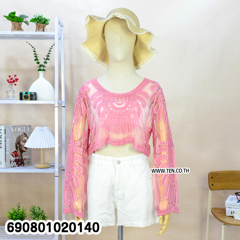 Embroidered Mesh Lace Crop Top เสื้อครอปแขนยาวผ้าตาข่าย แต่งลูกไม้ปัก สไตล์โบโฮ - 690801020140 - Image 8