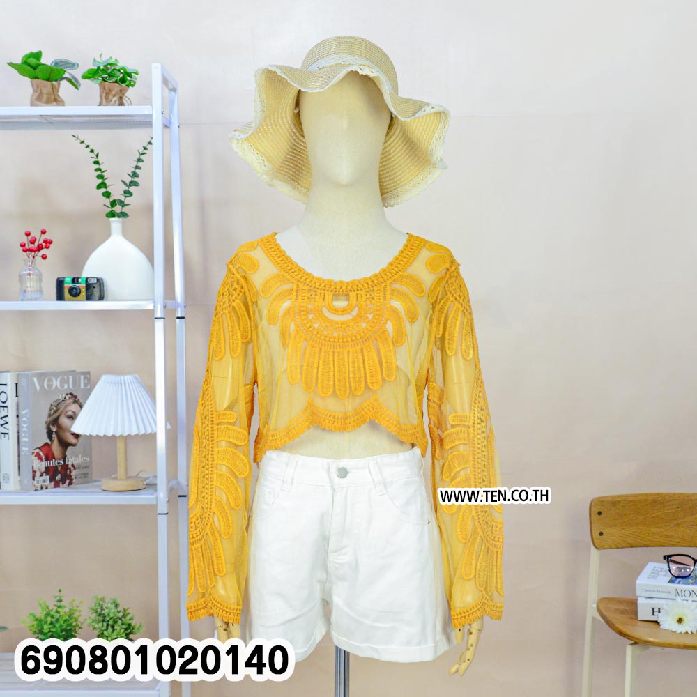 Embroidered Mesh Lace Crop Top เสื้อครอปแขนยาวผ้าตาข่าย แต่งลูกไม้ปัก สไตล์โบโฮ - 690801020140 - Image 7