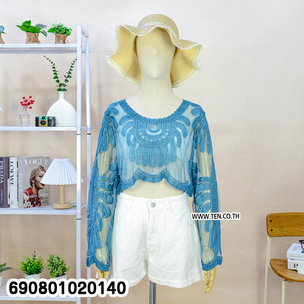 Embroidered Mesh Lace Crop Top เสื้อครอปแขนยาวผ้าตาข่าย แต่งลูกไม้ปัก สไตล์โบโฮ - 690801020140 - Image 6