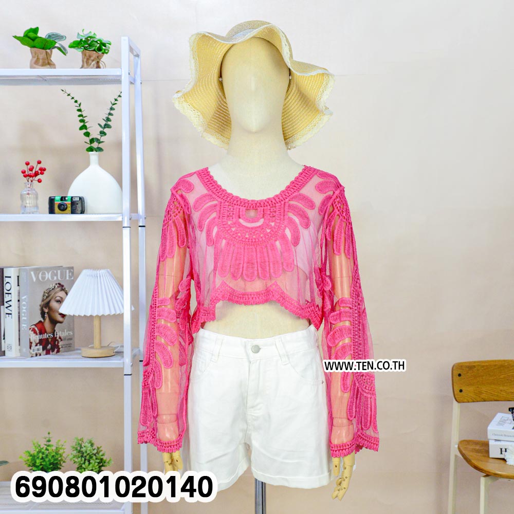 Embroidered Mesh Lace Crop Top เสื้อครอปแขนยาวผ้าตาข่าย แต่งลูกไม้ปัก สไตล์โบโฮ - 690801020140 - Image 5