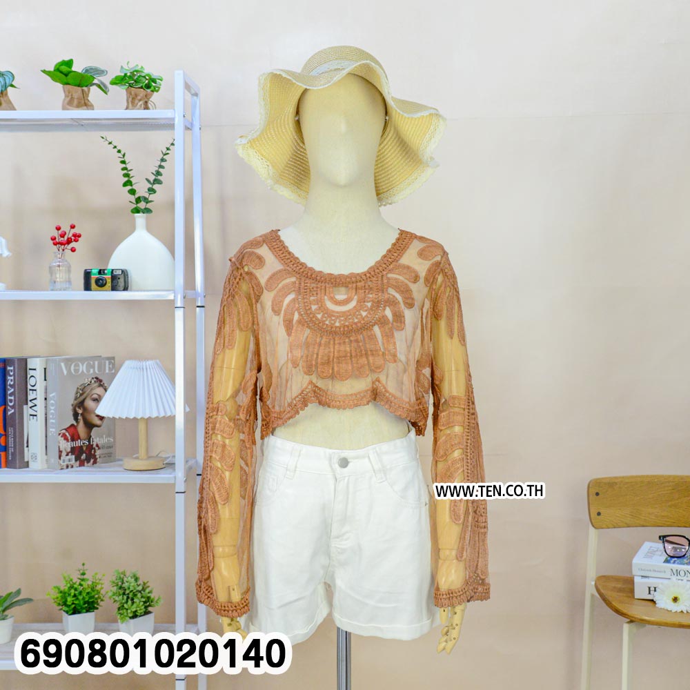 Embroidered Mesh Lace Crop Top เสื้อครอปแขนยาวผ้าตาข่าย แต่งลูกไม้ปัก สไตล์โบโฮ - 690801020140 - Image 4