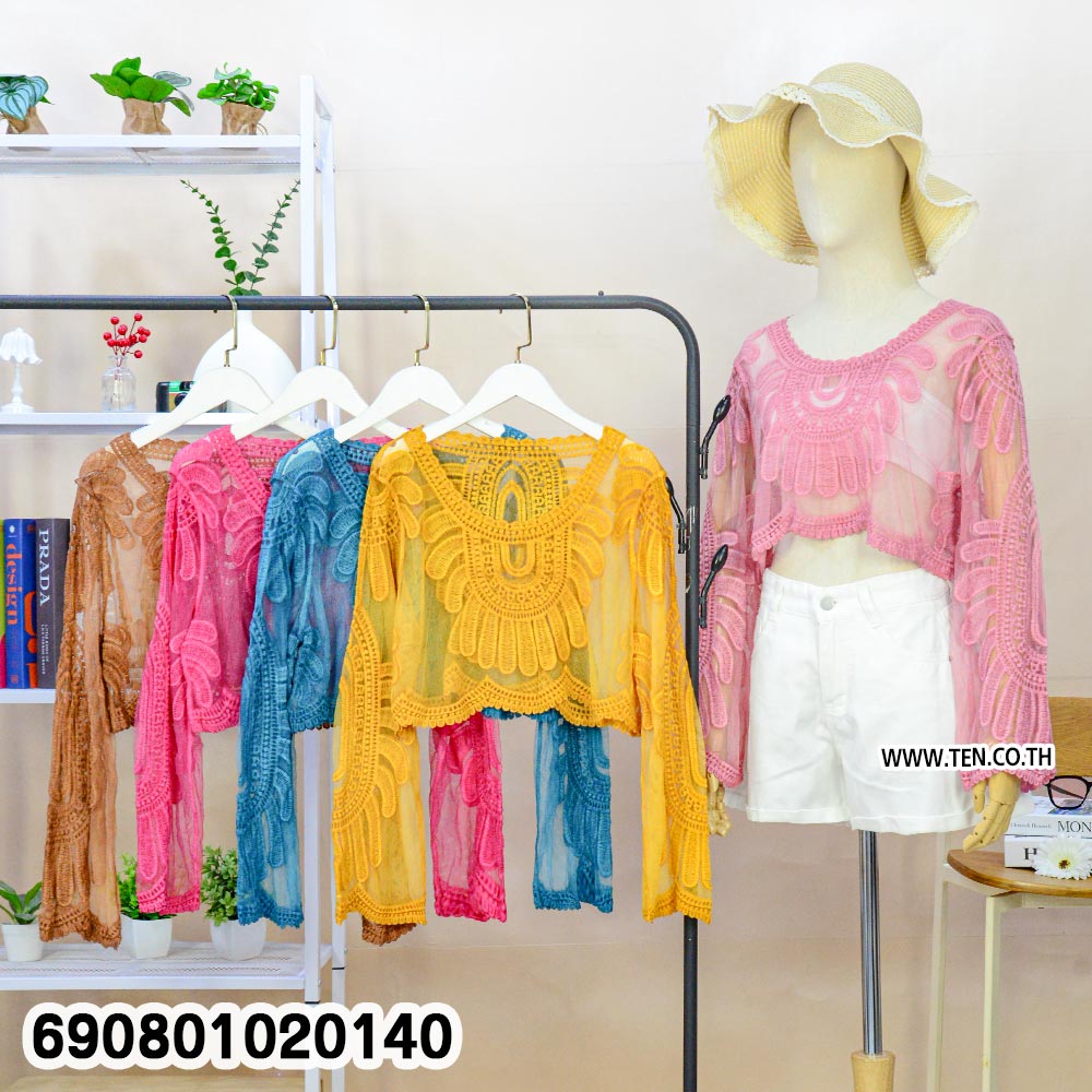 Embroidered Mesh Lace Crop Top เสื้อครอปแขนยาวผ้าตาข่าย แต่งลูกไม้ปัก สไตล์โบโฮ - 690801020140 - Image 3