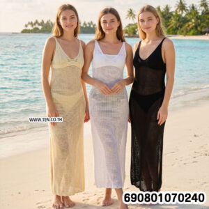 Crochet Mesh Beach Maxi Dress Cover-Up ชุดเดรสยาวถักตาข่าย คลุมบิกินี่ ลุคเที่ยวทะเล - 690801070240
