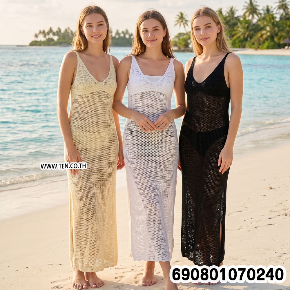 Crochet Mesh Beach Maxi Dress Cover-Up ชุดเดรสยาวถักตาข่าย คลุมบิกินี่ ลุคเที่ยวทะเล - 690801070240
