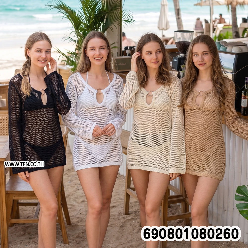 Summer Long Sleeve Mesh Crochet Beach Dress ชุดเดรสถักตาข่ายโปร่ง แขนยาว ลุคซัมเมอร์ - 690801080260