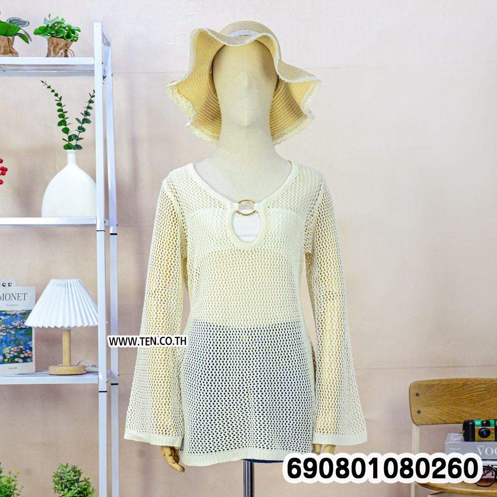 Summer Long Sleeve Mesh Crochet Beach Dress ชุดเดรสถักตาข่ายโปร่ง แขนยาว ลุคซัมเมอร์ - 690801080260 - Image 5