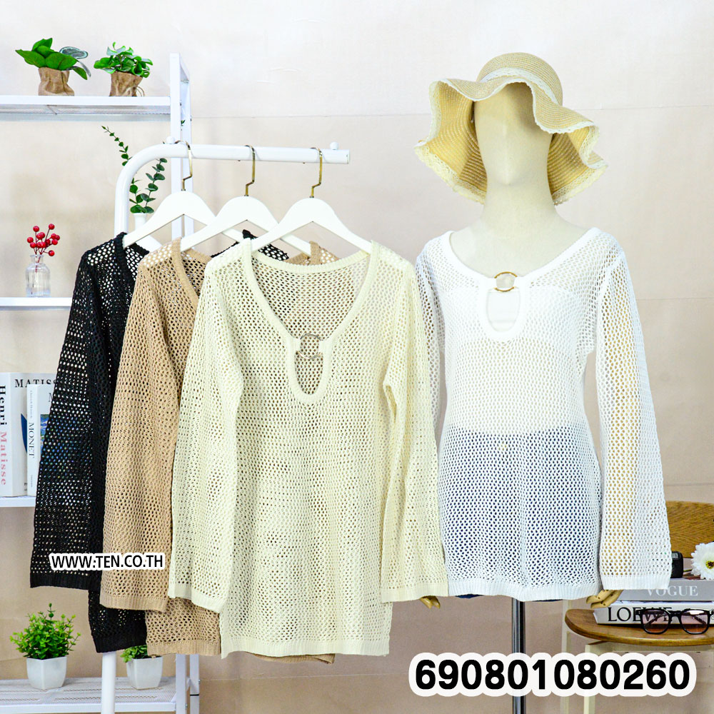 Summer Long Sleeve Mesh Crochet Beach Dress ชุดเดรสถักตาข่ายโปร่ง แขนยาว ลุคซัมเมอร์ - 690801080260 - Image 3