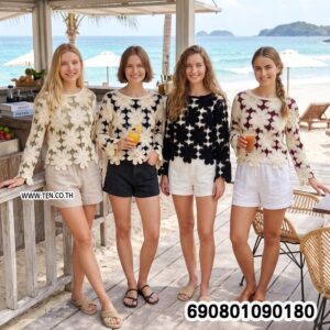 Floral Crochet Long Sleeve Top เสื้อถักโครเชต์ ลายดอกไม้ แขนยาว - 690801090180