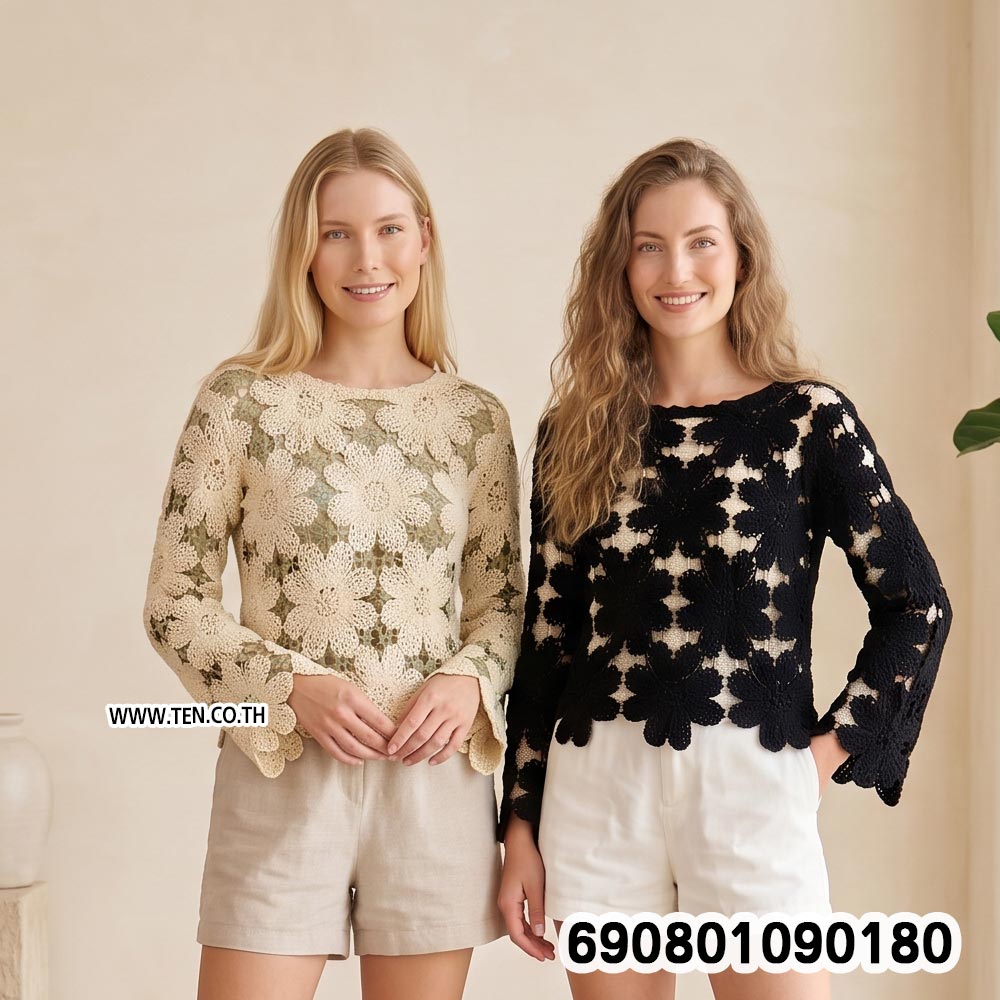 Floral Crochet Long Sleeve Top เสื้อถักโครเชต์ ลายดอกไม้ แขนยาว - 690801090180 - Image 2