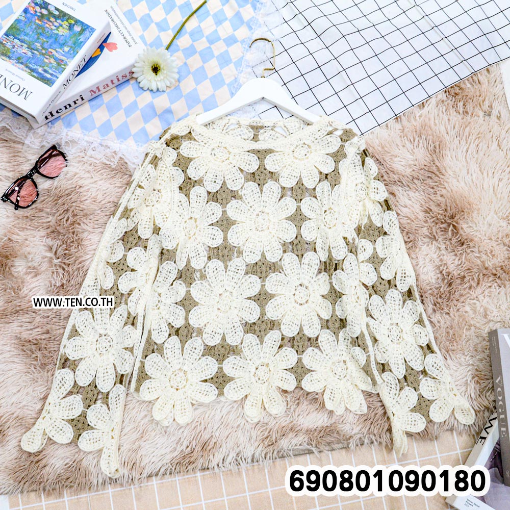 Floral Crochet Long Sleeve Top เสื้อถักโครเชต์ ลายดอกไม้ แขนยาว - 690801090180 - Image 7
