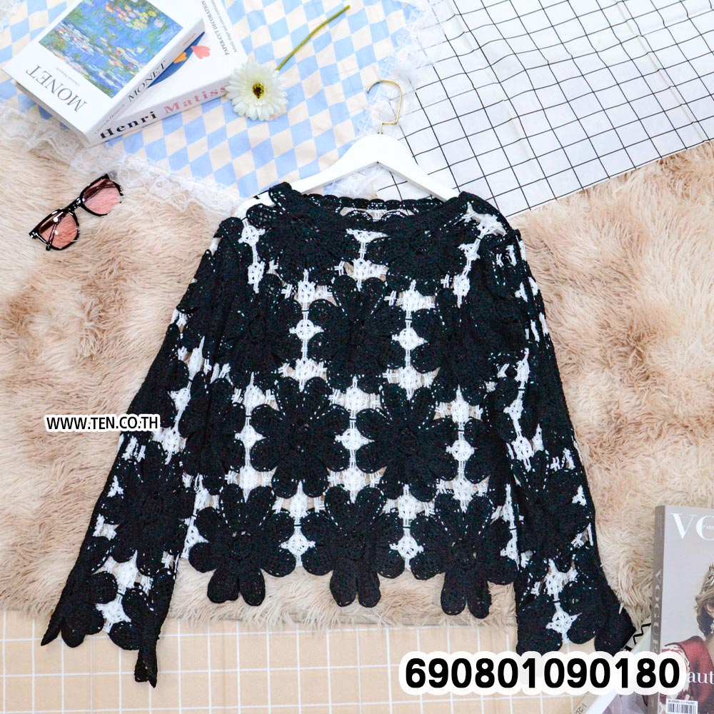 Floral Crochet Long Sleeve Top เสื้อถักโครเชต์ ลายดอกไม้ แขนยาว - 690801090180 - Image 6