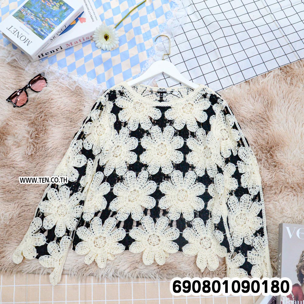 Floral Crochet Long Sleeve Top เสื้อถักโครเชต์ ลายดอกไม้ แขนยาว - 690801090180 - Image 5