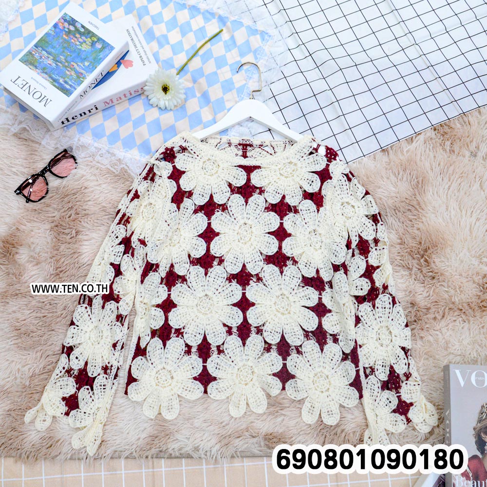 Floral Crochet Long Sleeve Top เสื้อถักโครเชต์ ลายดอกไม้ แขนยาว - 690801090180 - Image 4