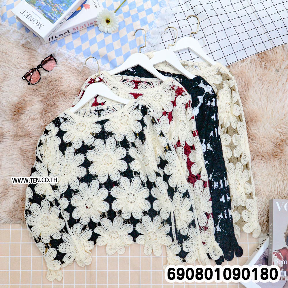 Floral Crochet Long Sleeve Top เสื้อถักโครเชต์ ลายดอกไม้ แขนยาว - 690801090180 - Image 3