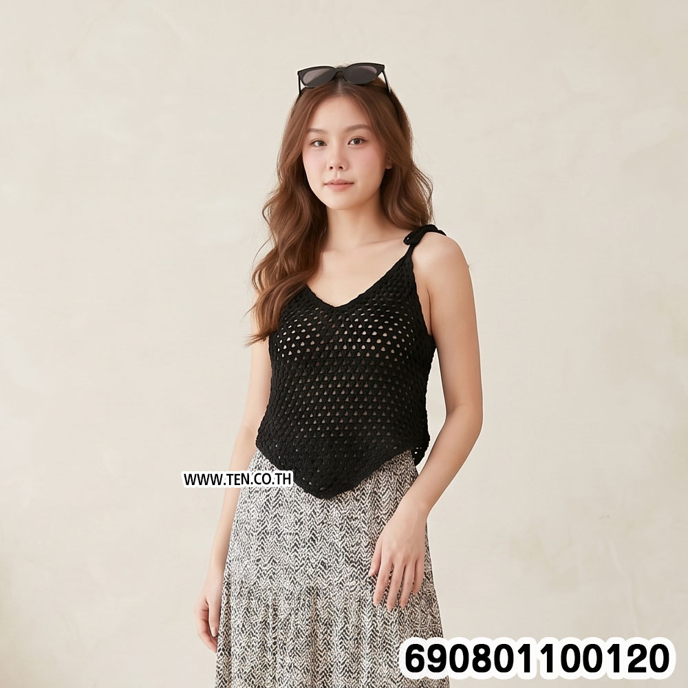 Crochet Tie-Shoulder Asymmetric Top เสื้อสายเดี่ยวถักโครเชต์ ชายสามเหลี่ยม - 690801100120 - Image 2