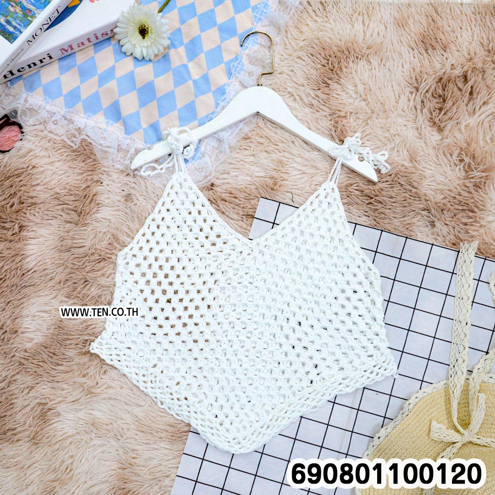 Crochet Tie-Shoulder Asymmetric Top เสื้อสายเดี่ยวถักโครเชต์ ชายสามเหลี่ยม - 690801100120 - Image 6