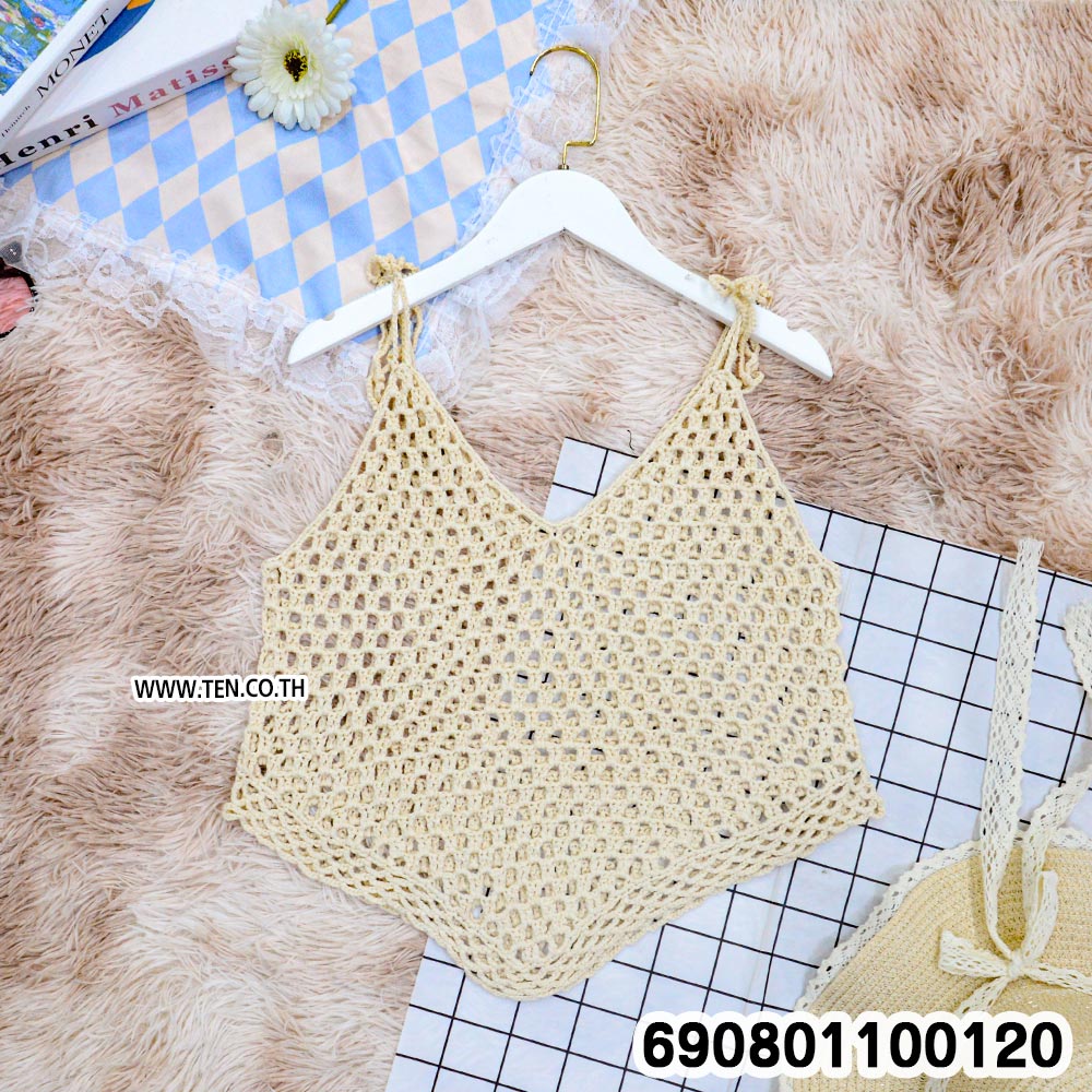 Crochet Tie-Shoulder Asymmetric Top เสื้อสายเดี่ยวถักโครเชต์ ชายสามเหลี่ยม - 690801100120 - Image 5