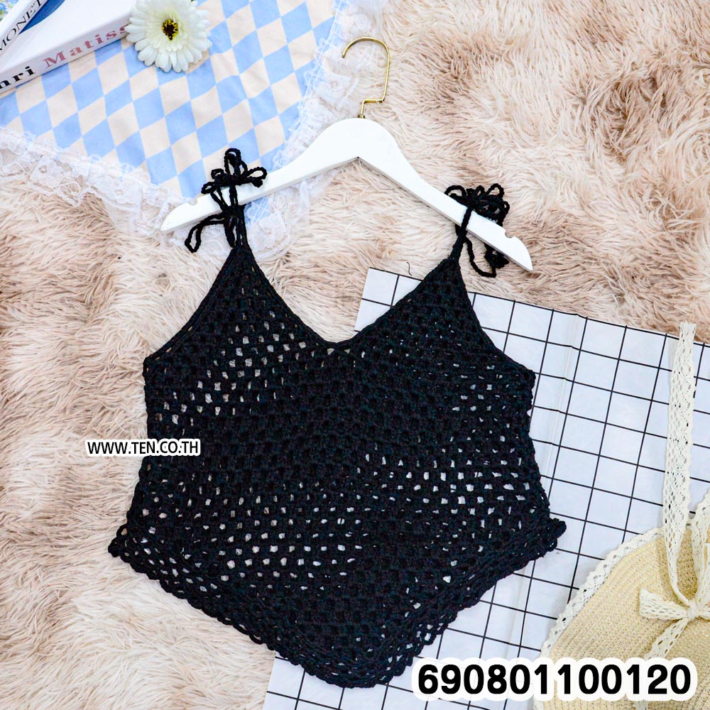 Crochet Tie-Shoulder Asymmetric Top เสื้อสายเดี่ยวถักโครเชต์ ชายสามเหลี่ยม - 690801100120 - Image 4