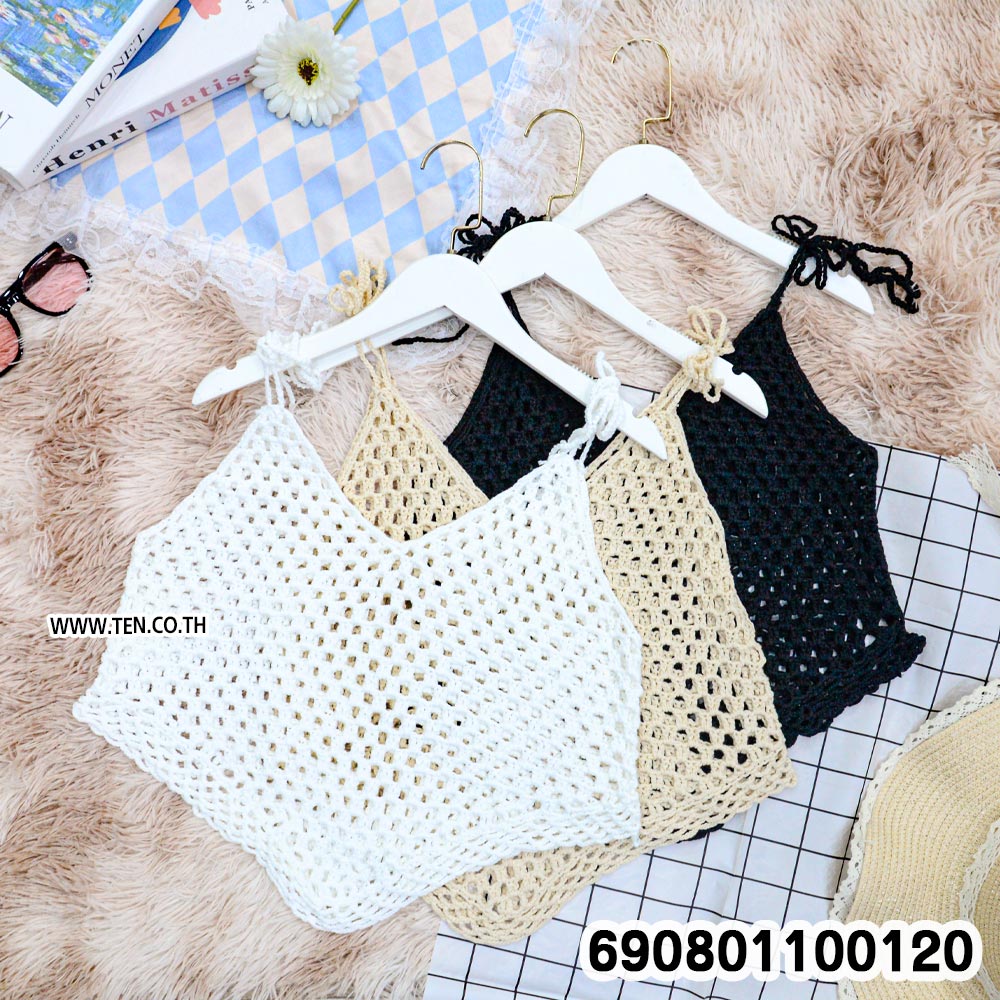 Crochet Tie-Shoulder Asymmetric Top เสื้อสายเดี่ยวถักโครเชต์ ชายสามเหลี่ยม - 690801100120 - Image 3