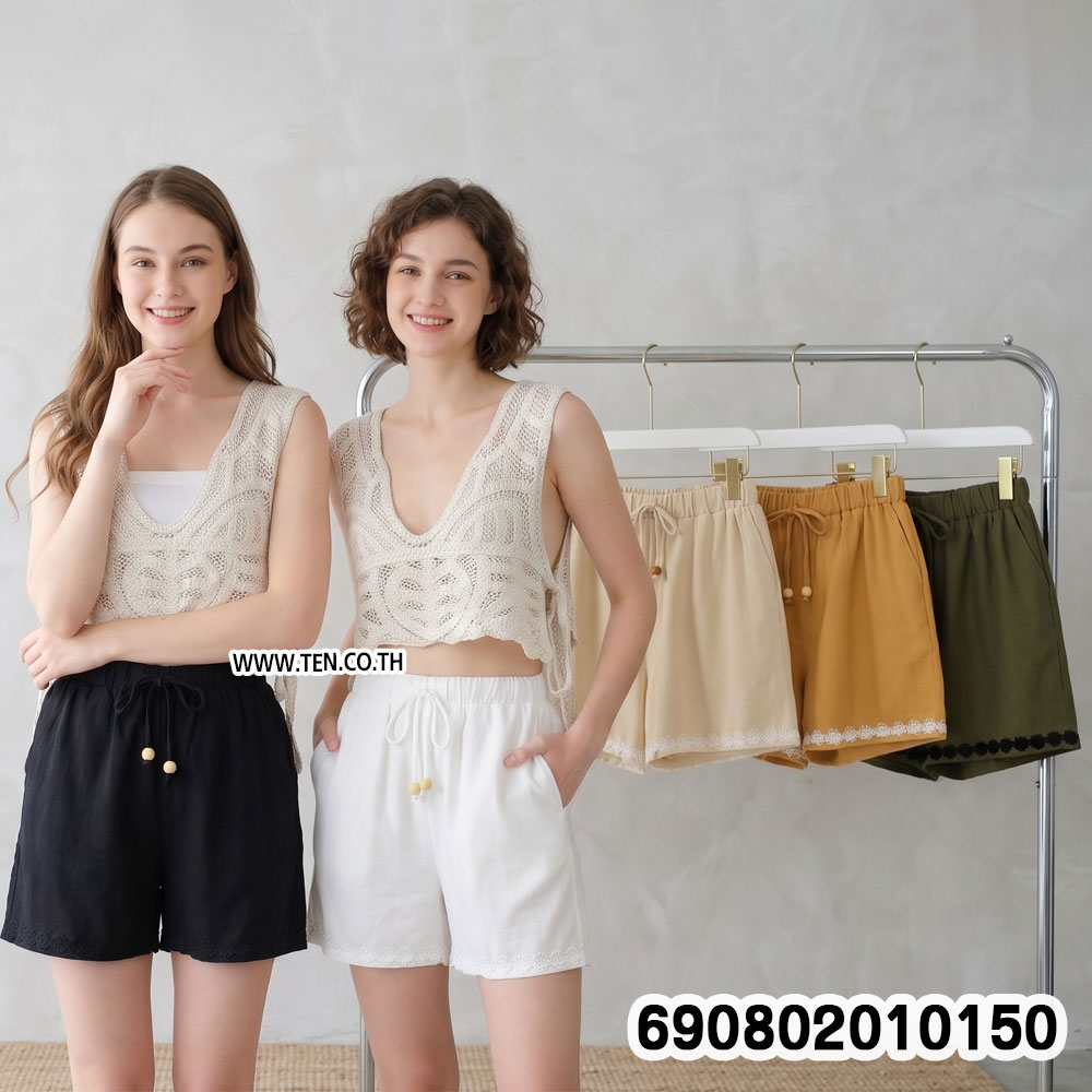 Lace Trim Beach Drawstring Shorts กางเกงขาสั้นเอวผูก ชายแต่งลูกไม้ - 690802010150