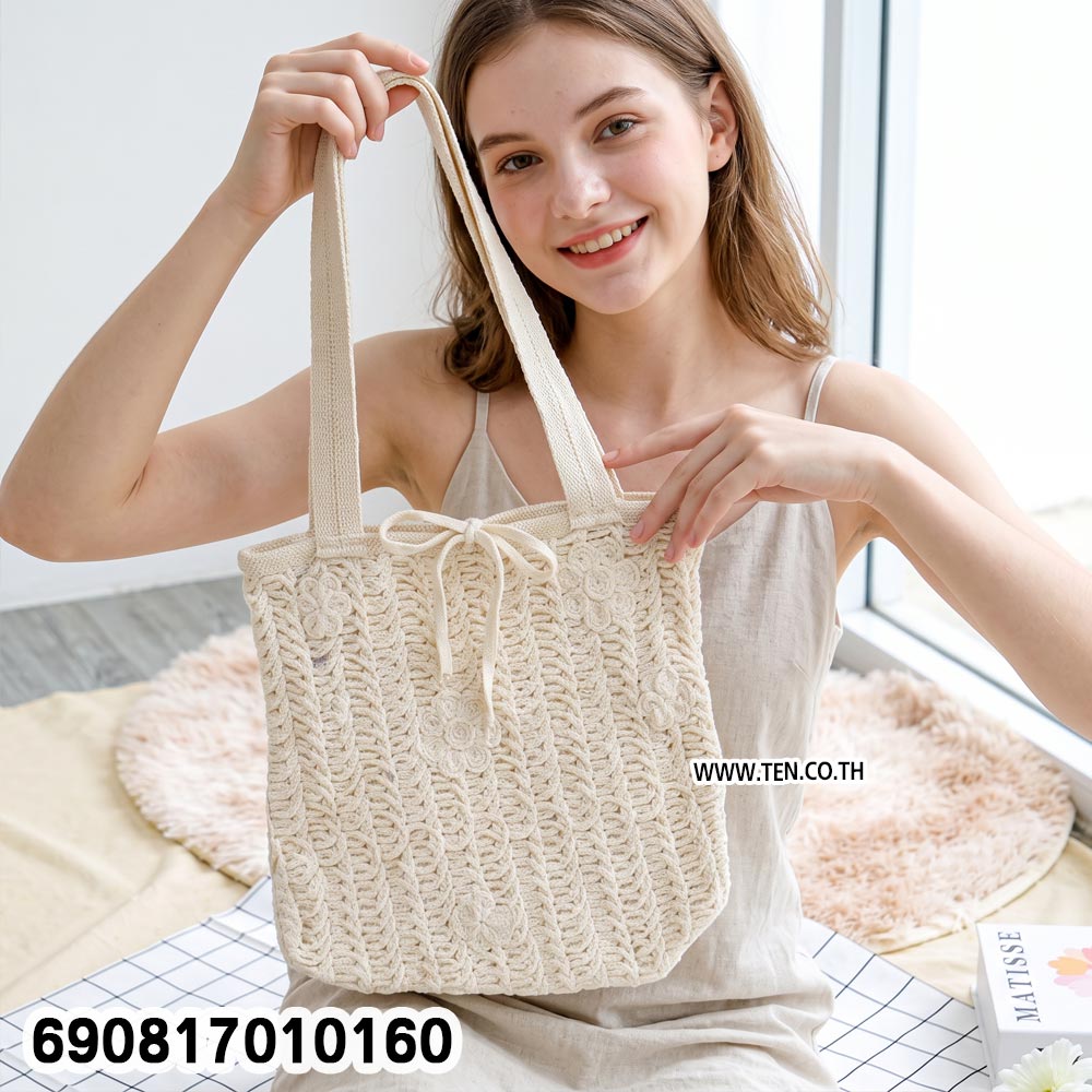 Beach Crochet Shoulder Bag with Tie Closure กระเป๋าสะพายข้างถักโครเชต์ ลุคเที่ยวทะเล มินิมอล - 690817010160