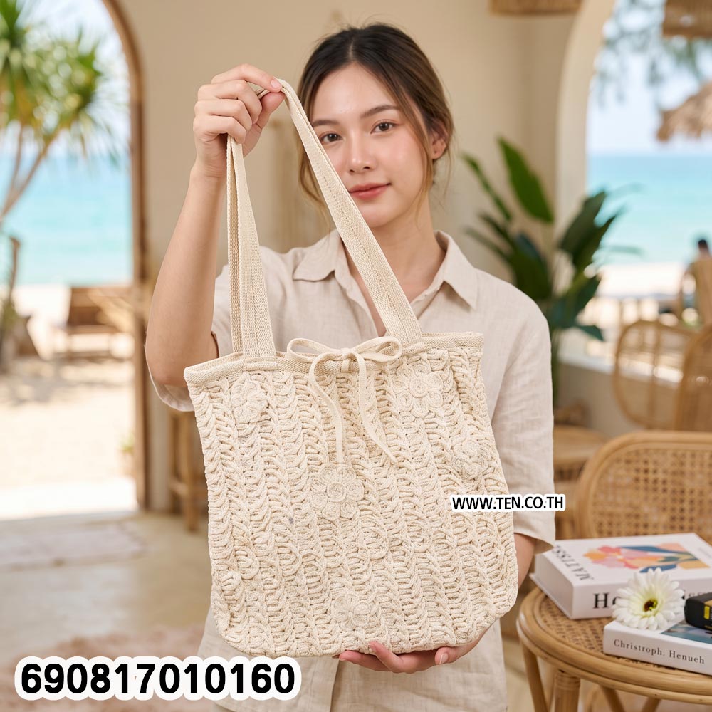 Beach Crochet Shoulder Bag with Tie Closure กระเป๋าสะพายข้างถักโครเชต์ ลุคเที่ยวทะเล มินิมอล - 690817010160 - Image 3