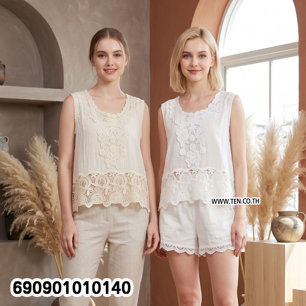 Lace Trim Sleeveless Top เสื้อแขนกุดแต่งลูกไม้ฉลุ สไตล์โบโฮ - 690901010140